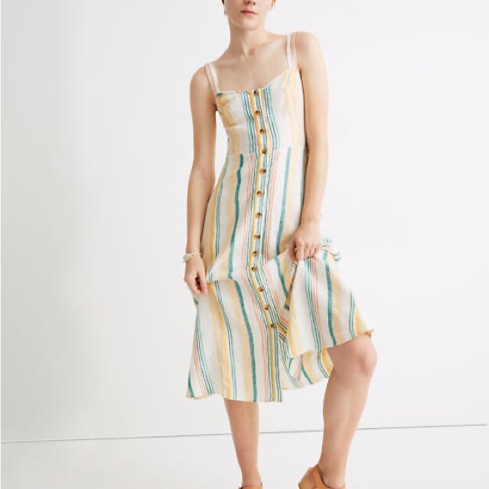 Madewell Linen Fitted-Bodice Midi Dress in Stripe